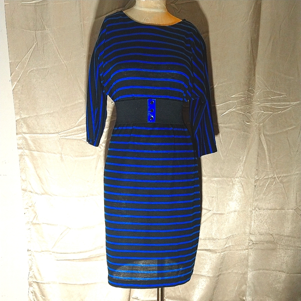 Vintage 1980s Dolman Sleeve Royal Blue Black Striped Belted Midi Dress L.A. Gal.